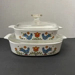 Vintage 1975 Corningware Country Festival Buebird Friendship Casserole Dishes. Fixed Price $60.00.