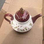 Temptations Red And White Floral Ceramic Decorative Tea Pot Gold Finial. Fixed Price $30.00.
