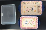 Temptations By Tara Old World Confetti Blue 1QT Loaf Dish With Lid & Tray. Fixed Price $20.49.