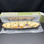 Godinger Porcelain Bread Dish With Black Metal Rack Olive Design New. Fixed Price $28.95.