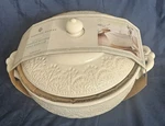 Pioneer Woman Vtg Lace Stoneware Handled Serving Bowl W/lid Linen 11X 9.25". Fixed Price $38.50.