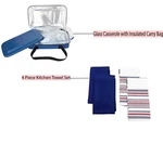 Regalo Blue Insulated Casserole Carrier With Glass Dish + Free Kitchen Towels. Fixed Price $30.00.