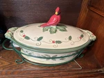 Temp-tations Red Cardinal + Holly 2QT Casserole/cover/trivet/iron Holder. Fixed Price $25.00.