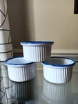 Emile Henry 5 Oz French Ramekins Set Of 3 White & Navy Pleated France 40-08. Fixed Price $15.20.