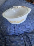 Glasbake Casserole Lidded Dish- Milk Glass W/wheat Front/back & Clear. Fixed Price $10.00.
