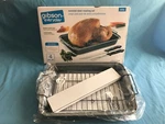 New Gibson Everyday 4 Pc Non-stick Roasting Set W/ Pan Rack Carving Knife & Fork. Fixed Price $16.00.