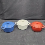 3 Le Creuset Stoneware Red White And Blue 8OZ Mini Round Cocotte With Lids. Fixed Price $49.99.