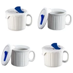 Corningware Pop-ins 20-OUNCE Mug W/blue Vented Plastic Cover White Pack Of 4. Fixed Price $116.69.