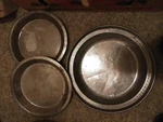 Sweet Set Of 3 Vtg Primitive Steel Pie Baking Pans 1-10" & 2- 8" K!. Fixed Price $16.00.