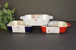New Staub Small Rectangular Ceramic Casserole Dish White, Blue & Red. Fixed Price $19.95.