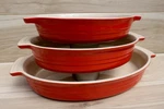 Le Creuset 3-PIECE Oval Stoneware Baking Dish Set, Cerise Red, Used, Gc. Fixed Price $75.00.