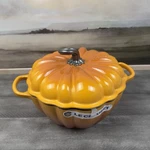 Creuset Enameled Cast Iron Figural Pumpkin Cocotte 4 Qt. Persimmon Scuff Read. Fixed Price $339.95.