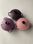 Creuset Stoneware Mini Cocotte Of 3 Pink, Light Purple, Dark Used. Fixed Price $128.99.