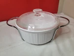 Corning Ware F-1-B 2.5 Liter White Round Casserole Dish With Lid & Metal Carrier. Fixed Price $29.99.