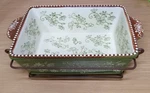 Temptations Baking Dish Tara Floral Lace Green 1.5 Qt With Metal Carrier Trivet. Fixed Price $40.00.