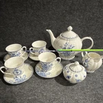 Brew To Blue White Floral Set Teapot Cups Saucers. Fixed Price $49.99.
