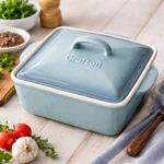 Crofton Heavy Stoneware Covered Casserole Dish, Blue Square Baker With Lid. Fixed Price $35.00.