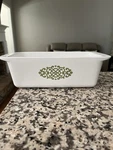 Corningware P-315-B 2 Qt Ceramic Loaf Pan White Green Microwave Oven Safe. Fixed Price $29.99.