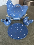 Temptations By Tara Blue Polka Dot Hen Casserole Set W Stand Platter Creamer Jar. Fixed Price $70.00.