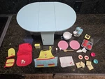 American Girl Kitchen Table Set With Plates, Apron, Oven Mitts, Pot Holder. Fixed Price $85.00.