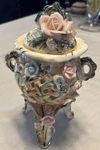Vintage Ornate 3D Roses Floral Three Leg Vase Covered Victorian Porcelain Mcm 9". Fixed Price $19.60.