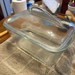 Vintage Glasbake Refrigerator Baking Dish Clear Glass W/fin & Lid J-805-7 1.5Q. Fixed Price $27.00.