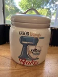Creative Co-op Stoneware Canister White Good Things Come Those Who Bake Euc. Fixed Price $20.00.