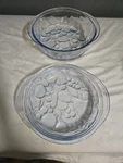 Vintage Pair Of Libbey Orchard Embossed Blue Glass Casserole Dish And Pie Pan. Fixed Price $26.95.