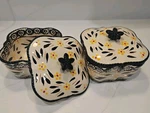 Temptations By Tara Square Sculpted Soup Bowls Black-lids Old World Blue 16OZ. Fixed Price $30.00.