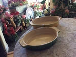 Two Le Creuset Oval Flame Yellow & Green Stoneware Baking Dishes. Fixed Price $49.95.