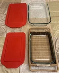 Pyrex 3 Qt & 2.2 Glass Baking Dish Casserole Red With Lids Holder Made Usa. Fixed Price $44.98.