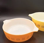 Vintage Pyrex 471 472 Cinderella Bowls Yellow Orange Geometric Starburst Mcm. Fixed Price $32.00.