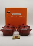 Le Creuset Cerise Red Ombre Mini Petite Round Cocottes 8 Oz. SET/4 New Open Box. Fixed Price $89.99.