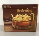 Anchor Hocking Entrees Amber Cuisine Casserole W/ Cover & Rattan Basket Nos Set. Fixed Price $33.99.