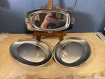 3 Mid-century Stainless Steel Oval Platters 2 Stackable & 1 Art Deco Trays G.c.. Fixed Price $19.00.