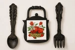 Cast Iron Trivet Teapot Ceramic Tile Fork Spoon Wall Decor Set Vintage Kitchen. Fixed Price $16.99.