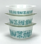 5 Pc Pyrex Amish Butterprint Turquoise White Casserole Bowls W/lid 471, 472, 473. Fixed Price $110.00.