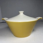 Vintage Mid Century Modern Ceramic Casserole Serving Dish With Lid Yellow White. Fixed Price $35.00.