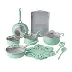 Pioneer Woman 17-PCS Ceramic Cookware Set, Strainer Lids Cookie Sheet Rack Green. Fixed Price $113.22.