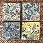 Set Of Anthropologie Terra Cotta Tile Coasters Botanical Floral Colorful 4". Fixed Price $36.00.