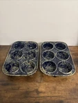 Bennington Pottery Dark Blue Glazed Ceramic 6 Hole Muffin Pan Heart Key Set Of 2. Fixed Price $59.95.
