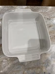 Creuset White Stoneware Casserole Dish 9"X9"X2". Fixed Price $22.50.