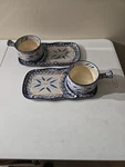 Temptations Floral Lace-blue Ceramic Soup Bowls + Dishes Full Set New In Box. Fixed Price $56.00.