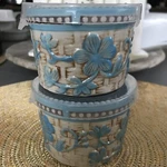 2 Temptations By Tara Teal/blue Floral Lace 8 Oz Ramekins W/lids Euc Aqua Cups. Fixed Price $10.00.