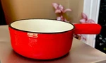 Red Cast Iron Enamel Pot With Handle. Fixed Price $25.00.