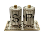 Anthropologie Bistro Tile Salt Pepper Shaker Set New Tray Gold Trim Mosaic 3 Pc. Fixed Price $75.99.