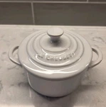 Creuset Mini Round Cocotte Casserole Dish White Stoneware Pot W/ Lid Used 8OZ. Fixed Price $24.99.