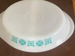 Vintage Glasbake Divided Casserole Dish J-2352 Milk Glass With Turquoise Pattern. Fixed Price $8.00.