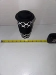 California Pantry Polka Dot Black & White Ceramic Travel Mug Cup Silicone Lid. Fixed Price $30.00.