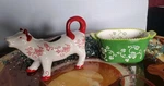 Mini Temptations By Tara Green Floral Lace Ceramic Square Bowl & Cow Creamer Ds. Fixed Price $45.00.